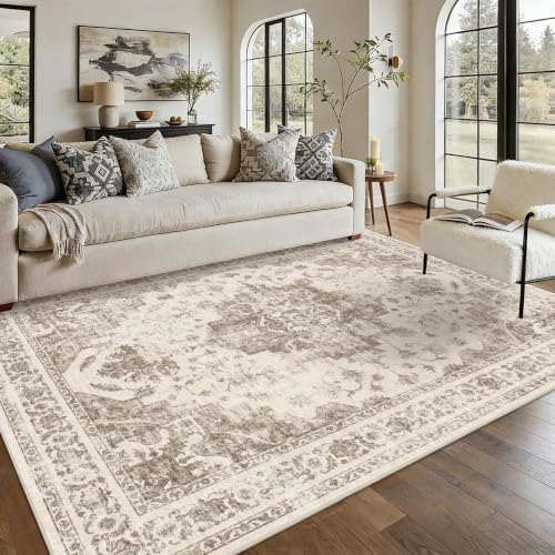 5x7 Washable Bedroom Area Rug Non-Slip Medallion Taupe Throw Carpet by HOME