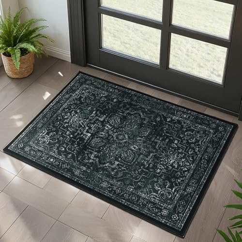 Distressed Black Kitchen 2x3 Rugs Non Slip Washable, Vintage Medallion Pinted Dark Door Mat Indoor Entrance Entryway, Small Low Pile Rugs for Bathroom Vanity/Laundry Room/Bedroom by Jainmy