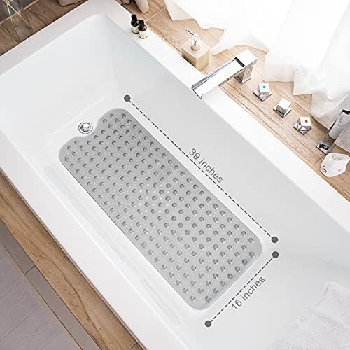 TEESHLY Bathtub Mats for Shower Tub, Extra Long Non-Slip 39 x 16 Inch Bath Mat with Drain Holes and Suction Cups, BathMat for Bathroom with Machine Washable (Clear Grey) - Image 4