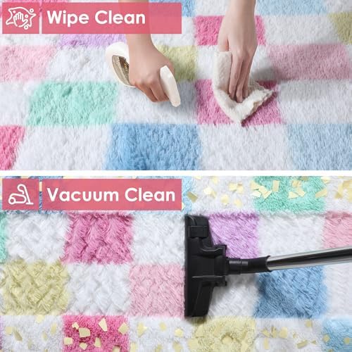 KICMOR Rainbow Checkered 6x9 Area Rugs for Living Room, Large Colorful Fluffy Soft Fuzzy Shag Shaggy Carpet for Bedroom, Cute Indoor Plush Rug for Kids Girls Boys Dorm Nursery Home Decor Aesthetic - Image 6