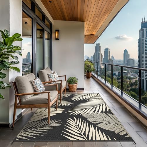 GENIMO Outdoor Rug, Waterproof Plastic Rugs for Patio, 4'x6' Black Beige - Image 4