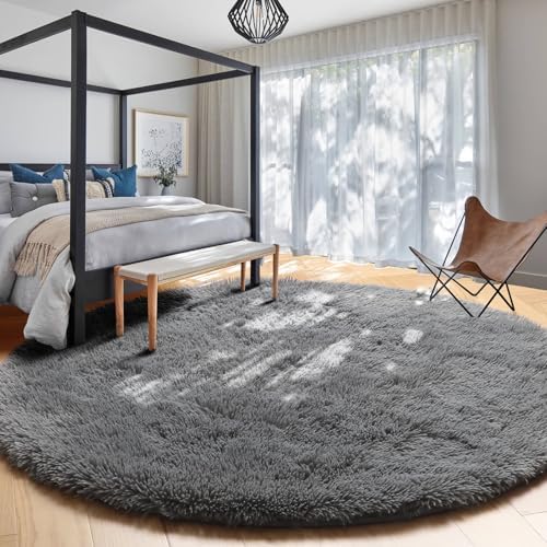 Amdrebio Grey Furry Big Round Area Rug 6Ft for Living Room Bedroom Playroom - Image 6