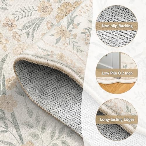 Scalloped Floral Rug 8x10, Neutral Beige Washable Non Slip Large Area Rug for Living Room, Soft Low Pile Cream Cottagecore Rug for Bedroom, Dining Room,Nursery, Farmhouse Home Office - Image 5