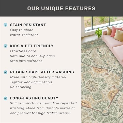 Boho 8x12 Living Room Rugs - Plant & Bird Patterned Rugs for Bedroom Under Bed, Traditional Victorian Sage Green Décor, Washable Non Slip Foldable Lightweight Carpet - Image 6