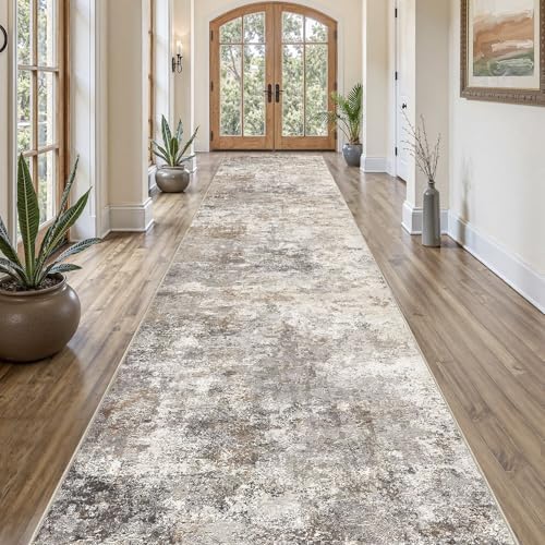 UERMEI 3x20 Washable Runner Rug for Hallway, Non Slip Low Pile Kitchen Carpet, Neutral Modern Abstract Indoor Floor Mat for Entryway Laundry, Kid & Pet Safe High Traffic Area, Brown Grey by UERMEI