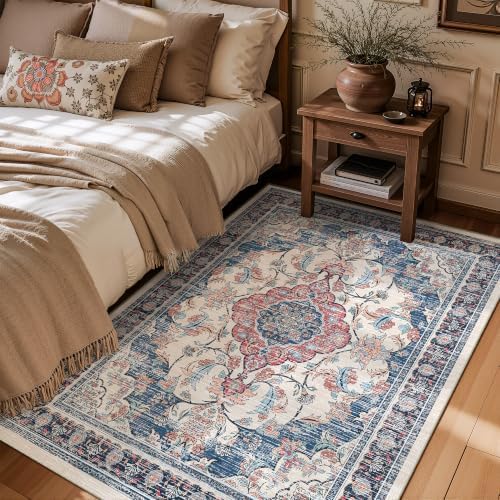 3x5 Boho Washable Area Rugs, Non Slip Indoor Foldable Carpets, Retro Blue - Image 2