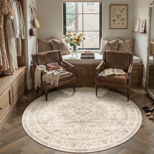 6R Beige Washable Round Rug Non Slip Vintage Carpet - Image 2