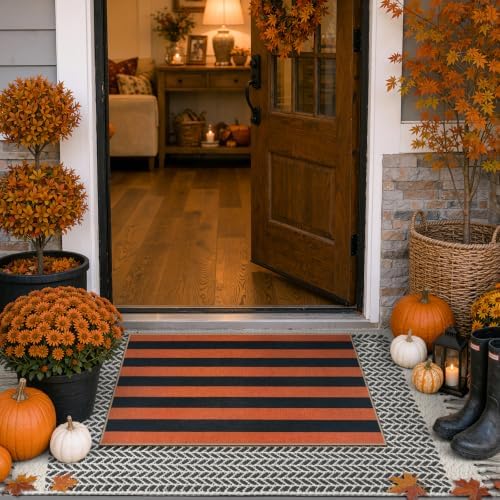 Lahome Striped Fall Door Mat, 2x3 Washable Outdoor Rug, Orange Black - Image 6
