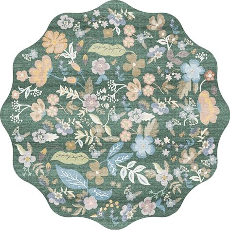 4ft Scalloped Small Round Rug: Non-Slip Washable Floral Circle Rug Green - Image 2