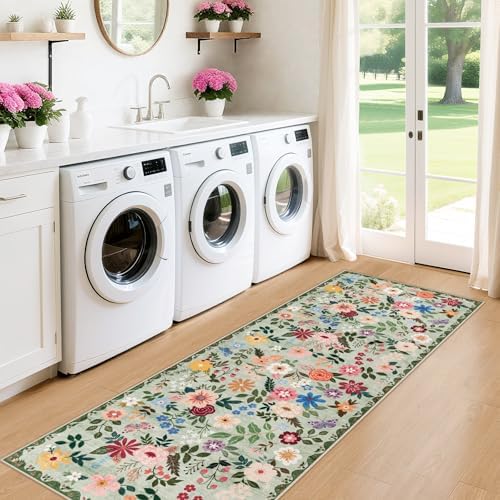 PLHXFR 2x5 Washable Runner Rug：Floral Indoor Kitchen Soft Carpet Green - Image 4