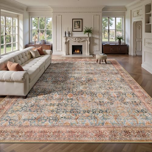 9x12 Area Rugs for Living Room - Washable Vintage Retro Large Rug, Soft Ultra Thin Non Slip Low Pile Traditional Distressed Boho Carpet for Bedroom Dining Room Home Office, Rust Clay by Yarooge