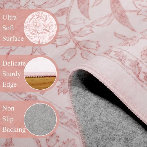 DUKINO 2x8 Runner Rug, Washable Vintage Floral Kitchen Rugs, Light Pink - Image 6