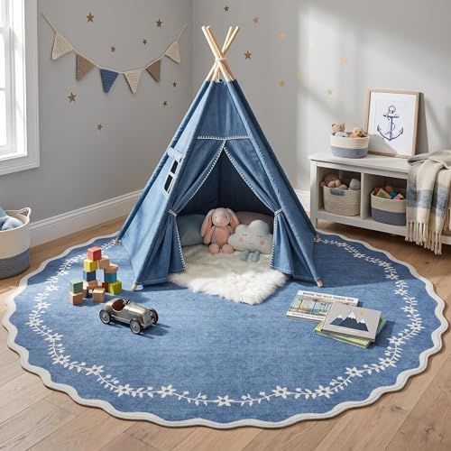 GarveeHome Round Rugs 4ft Scalloped Washable Small Circle Rug for Kids Room by GarveeHome