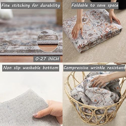 CHAMPLANT 4x6 Vintage Washable Thin Area Rug Tangerine Traditional Floor Cover Foldable Indoor Distressed Non Slip Carpet Floral Print Mat Bedroom Living Room Bathroom - Image 5