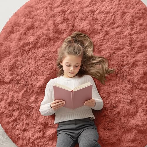 OLANLY Rust Red Round Rugs for Bedroom - Machine Washable, 5 ft Circle Area Rugs for Living Room, Soft and Fluffy Shaggy Carpet for Teen Girl and Boys, Nursery Rooms, Dorms, Home Decor Aesthetic by OLANLY