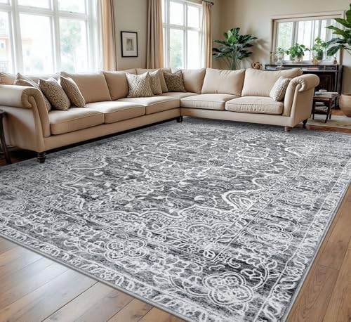 KUTA Vintage Floral Area Rug 9x12 Washable Large Rug Grey Blue White by KUTA