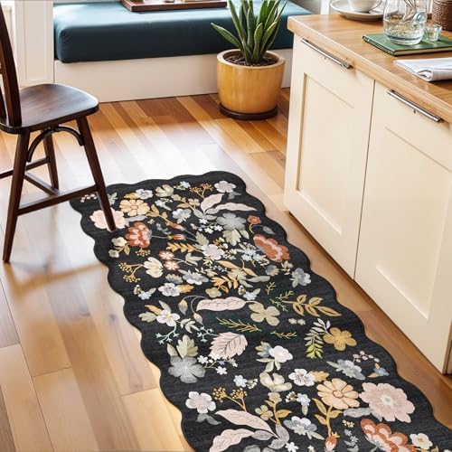 2x8ft Scalloped Hallway Runner Rug: Washable Floral Kitchen Runner Black - Image 2