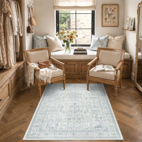 4x6 Washable Bedroom Area Rug Non-Slip Vintage Blue Throw Carpet - Image 4