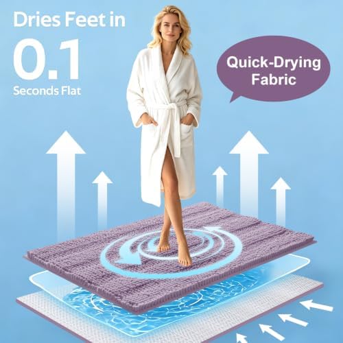 ACCUMTEK Striped Lavender Bathroom Rug Mat Set 2 piece 32"x20"+24"x17" Ultra Soft, Non Slip Chenille Bath Rugs, Absorbent Plush Shaggy Bath Mats for Bathroom, Bedroom, Kitchen, Shower, Tub - Image 3
