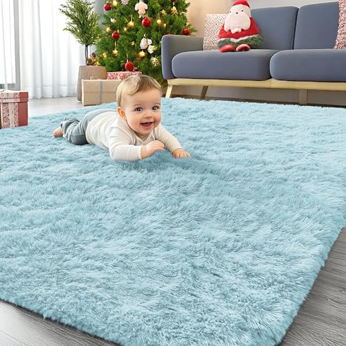 OLANLY Area Rugs for Living Room Bedroom, Machine Washable 4x5.9 ft Soft Fluffy Shaggy Bedside Rug, Indoor Floor Carpet for Kids Girls and Boys, Dorms, Nursery Rooms, Home Decor Aesthetic, Light Blue by OLANLY