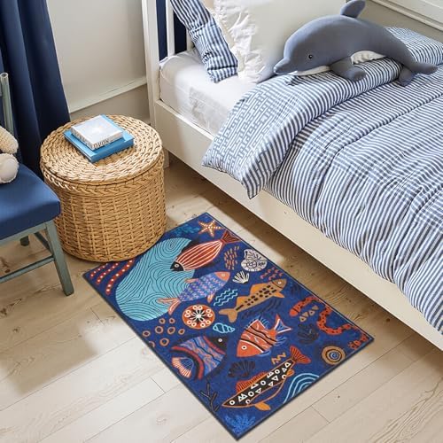 jinchan 2x3 Coastal Area Rug Washable Kids Rug Colorful Ocean Fish Mat Blue - Image 2