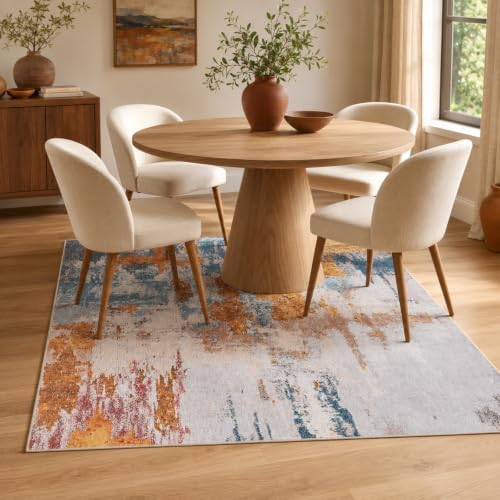 Area Rug 4x6 Orange Blue Rug Washable Boho Rugs Non Slip Low Pile Abstract Small Carpet for Entryway, Bedroom, Kitchen, Classroom, Kids Room, Office, Dorm, Dining Room - Image 4