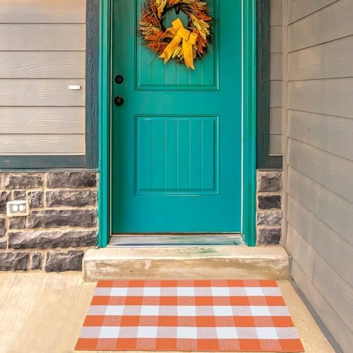 Buffalo Plaid Area Rugs 27.5x43.3 Inches Orange and White Checkered Rug Washable Front Door Mat Outside Entrance Hand Woven Cotton Outdoor Rug for Front Porch Kitchen Entryway Patio Bathroom - Image 5