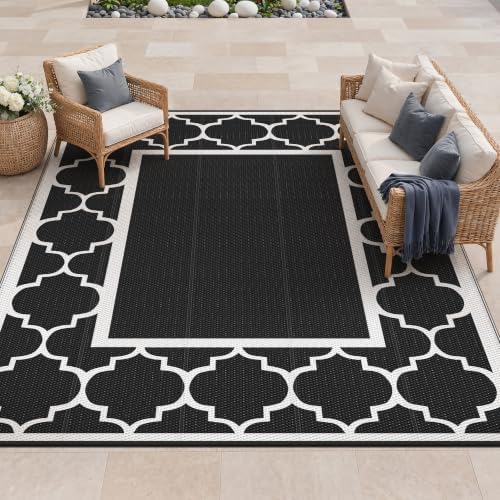 GENIMO Outdoor Rug, Waterproof Plastic Rugs for Patio, 9'x12' Black White by GENIMO