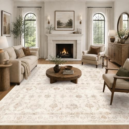 Washable 9x12 Living Room Area Rug Non-Slip Floral Beige Large Carpet by HOME