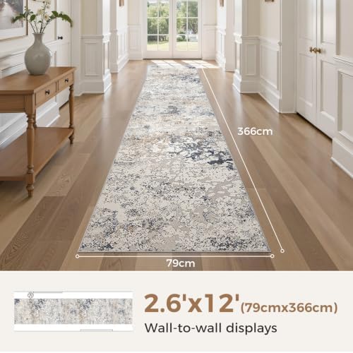 DMOYEST Washable Runner Rug for Hallway: 2.6x12 Neutral Modern Abstract Low Pile Area Rug with Non-Slip Backing - Carpet for Bedroom Kitchen Laundry Entryway Bathroom Indoor - Beige Blue - Image 2