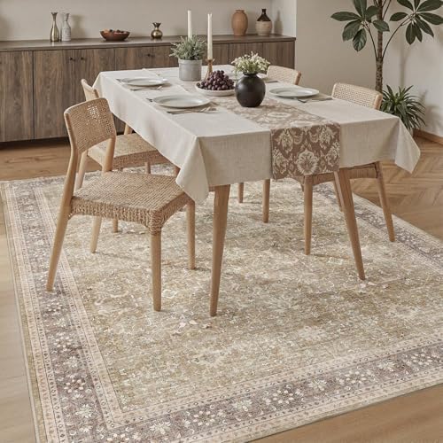DCX Beige and Taupe 5x7 Rug, Kid & Pet Friendly with Rubber Back Non Slip, Machine Washable Stain Resistant Vintage Traditional Distressed Carpet, Rug for Living Room, Bedroom, Neutral Home Decor - Image 4