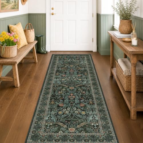 Washable 2'6"x8' Kitchen Runner Rugs Non Skid, 8ft Long Hallway Entryway Runner Rug, Non Slip Wide Carpet Runners for Bathroom, Dark Green Low Pile Soft Vintage Dark Floral Floor Decor (Dusty Teal) - Image 3