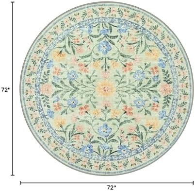 Wonnitar Washable Floral Round Rug, 6ft Sage Green Round Area Rugs for Bedroom Nursery, Boho Non-Slip Indoor Large Circle Carpets for Dining Room Living Room Kids Playroom - Image 2