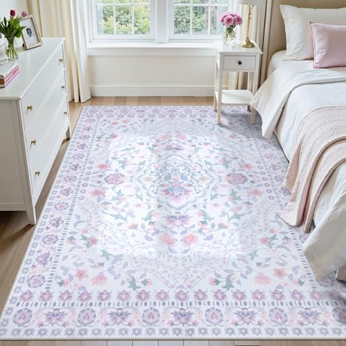Wonnitar Floral Purple Rug for Nursery, Washable 5x7 Kids Rug, Boho Ultra-Thin Soft Non Slip Vintage Carpet for Bedroom Dorm Living Room Playroom Office, Pale Purple - Image 4