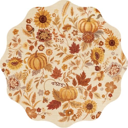 4ft Scalloped Small Round Rug: Fall Pumpkin Floral Circle Rug Beige-Gold by BYYVOORugsforYourHome