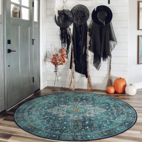 Moynesa Ultra-Thin Washable Round Rug - 4ft Oriental Circle Area Rugs for Bedroom Entryway, Teal Vintage Non Slip Non Shedding Low Pile Carpet for Living Room Coffee Table Kitchen - Image 6