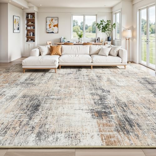 10x14 Area Rug for Living Room, Abstract Washable Non-Slip Large Rugs, Gold by Lofus