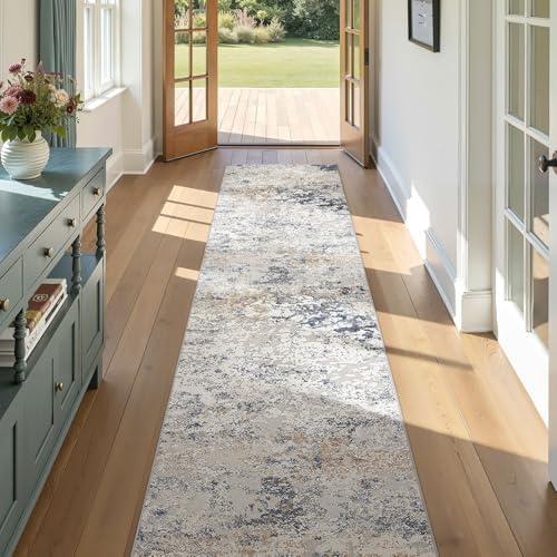 DMOYEST Washable Runner Rug for Hallway: 2.6x12 Neutral Modern Abstract Low Pile Area Rug with Non-Slip Backing - Carpet for Bedroom Kitchen Laundry Entryway Bathroom Indoor - Beige Blue by DMOYEST