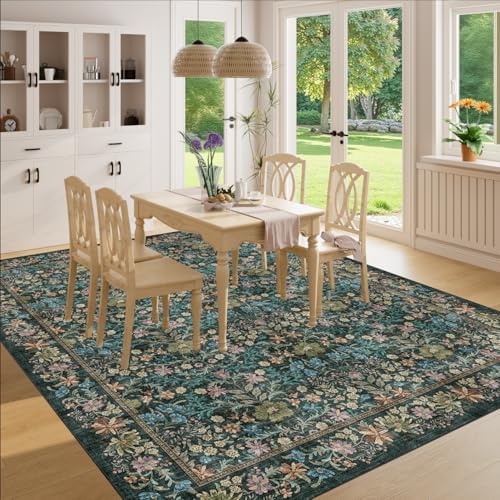 DUKINO 8x10 Area Rugs, Vintage Floral Washable Rug for Living Room, Blue - Image 3
