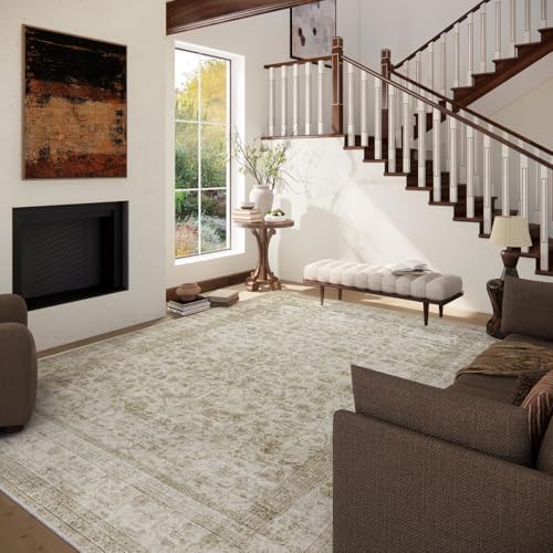 10x14 Area Rug Washable Rugs: Large Living Room Rug Stain Resistant Non Slip Distressed Vintage Low Pile Faux Wool Soft Carpet for Bedroom Farmhouse Dining Room Kids Playroom Nursery - Image 2