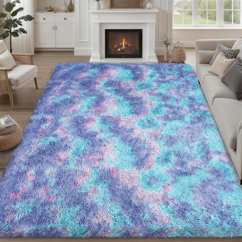 8x10 Area Rug Living Room Bedroom Fluffy Plush Shag Carpet Rainbow by Luxturiy