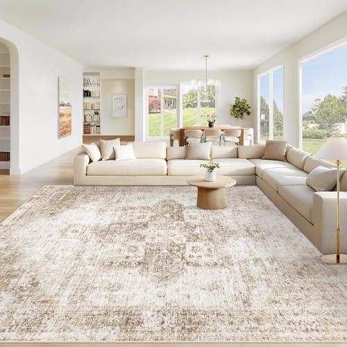Area Rug 8x10 Washable Rug, Vintage Boho Medallion Rugs Non-Slip Soft Low Pile Large Distressed Rug Indoor Retro Carpet for Living Room Bedroom Dining Room Home Office (Brown, 8'x10') by VECARF