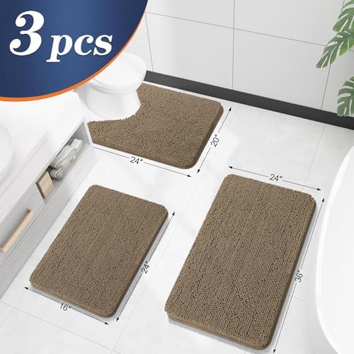 OLANLY Chenille Bathroom Rugs Sets 3 Piece, 36"x24"+24"x16"+24"x20", Tan - Image 2
