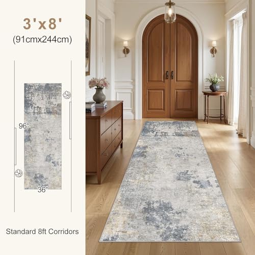 UERMEI 3x8 Washable Runner Rug for Hallway, Non Slip Low Pile Kitchen Carpet, Neutral Modern Abstract Indoor Floor Mat for Entryway Laundry, Kid & Pet Safe High Traffic Area, Blue Grey - Image 5