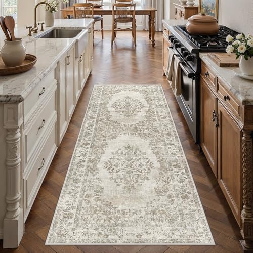 PureCozy 2x4 Washable Area Rug Entryway Cream Beige Vintage Doormat by PureCozy