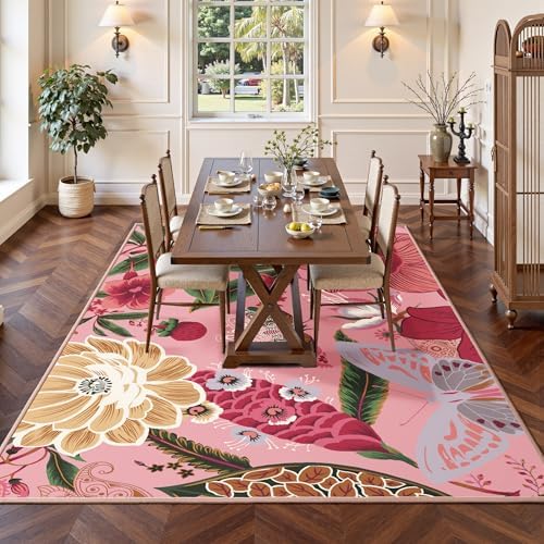 Tyrot Pink Boho Floral Living Room Rug, 5x7 Rug Washable Botanical Butterfly Area Rugs Flat Woven Ultra-Thin Non Slip Low Pile Carpet for Bedroom, Dining Room, Office, Kids Room - Image 2