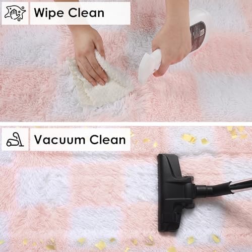 KICMOR 5x7 Area Rugs for Living Room, Fluffy Soft Light Pink and White Checkered Rug Fuzzy Shag Shaggy Carpet for Bedroom, Cute Furry Plush Rug for Teen Kids Girls Dorm Nursery Playroom Home Decor - Image 4