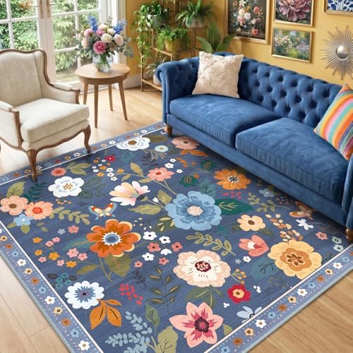 RELEANY Floral Washable Square 6ft Area Rug Blue/Grey by RELEANY