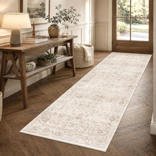 Washable 2.6x8 Kitchen Non-Slip Runner Rug Vintage Beige Throw Carpet - Image 4
