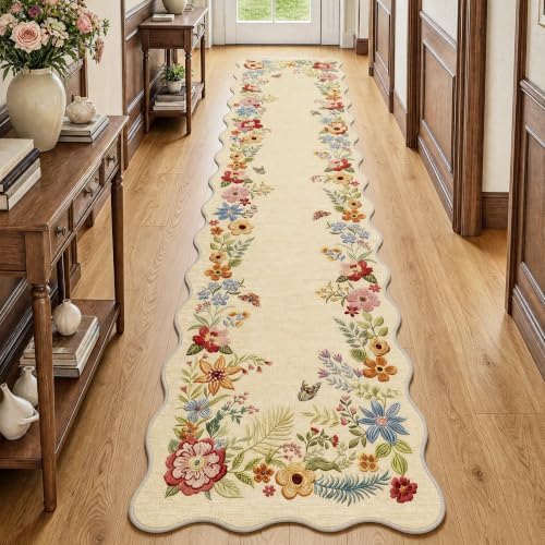 FMFUNCTEX 3x12 Hallway Runner Rug Washable Beige Floral Vintage Scalloped - Image 2
